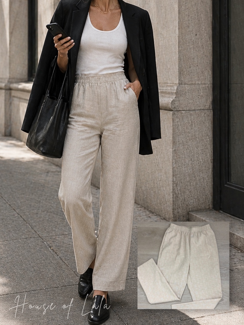 90s Minimalist High Waisted Tailored Trouser. Beige Pants. Straight Leg Elastic